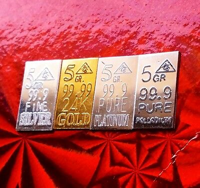 Gold, Silver, Platinum, Palladium, 5grain Combo Bullion Minted Four Bars !